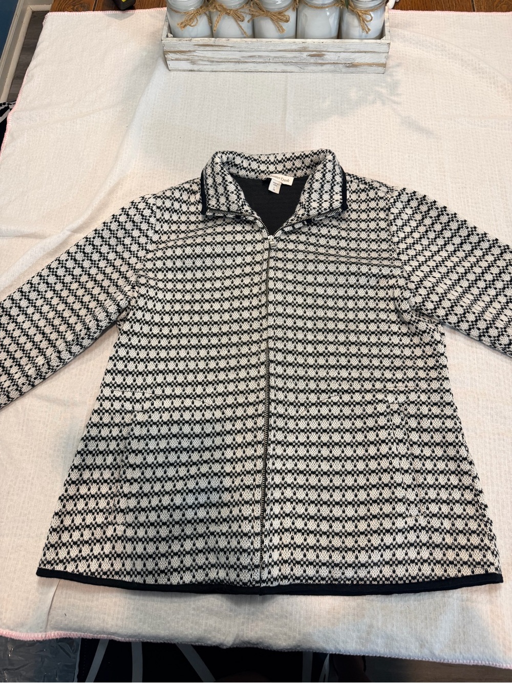[Z4] Coldwater Creek Black White Fleece-Lined Knit Zip Jacket Women's L